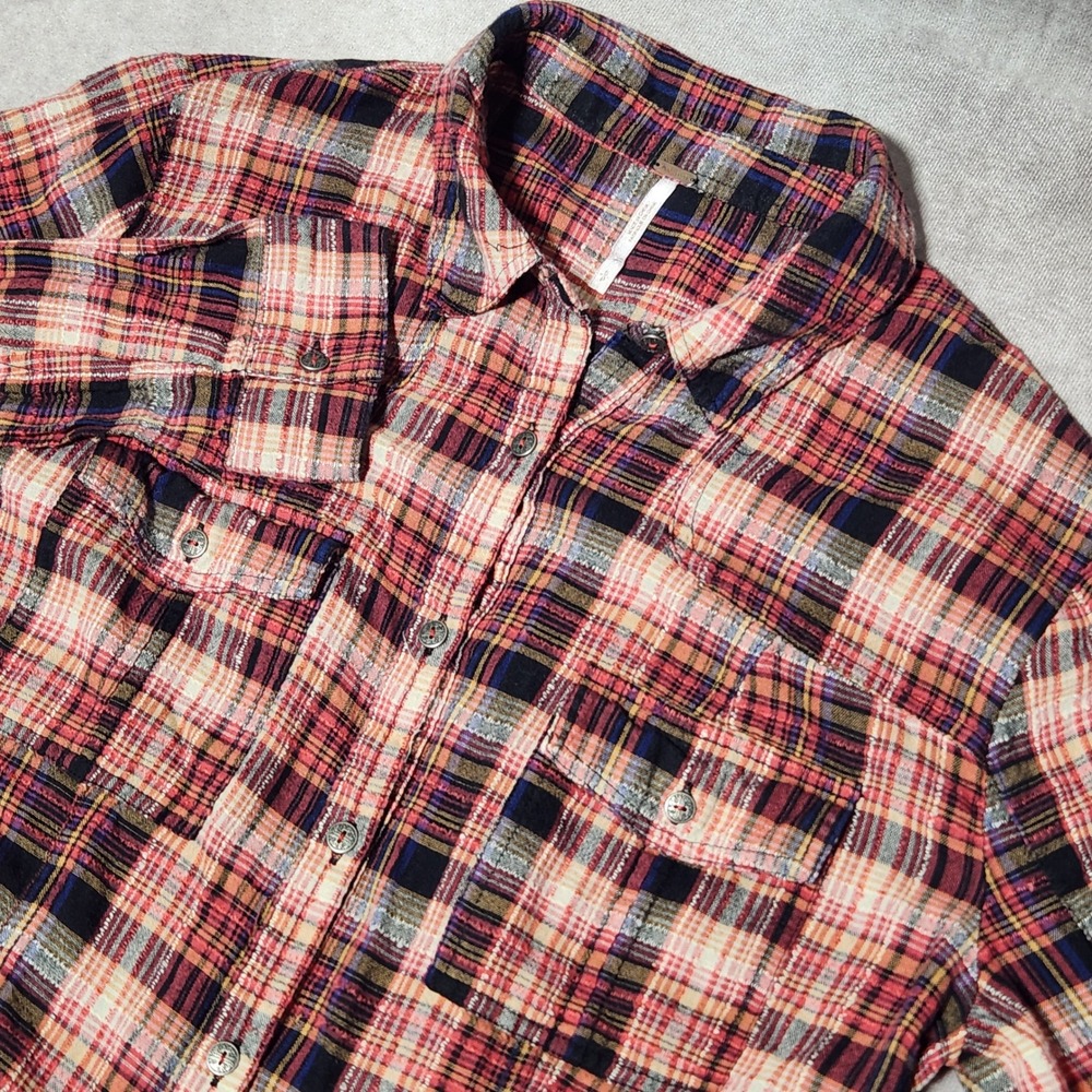 Free People Red Plaid Tie Front Long Sleeve Button Down Shirt sz S Grunge Fringe